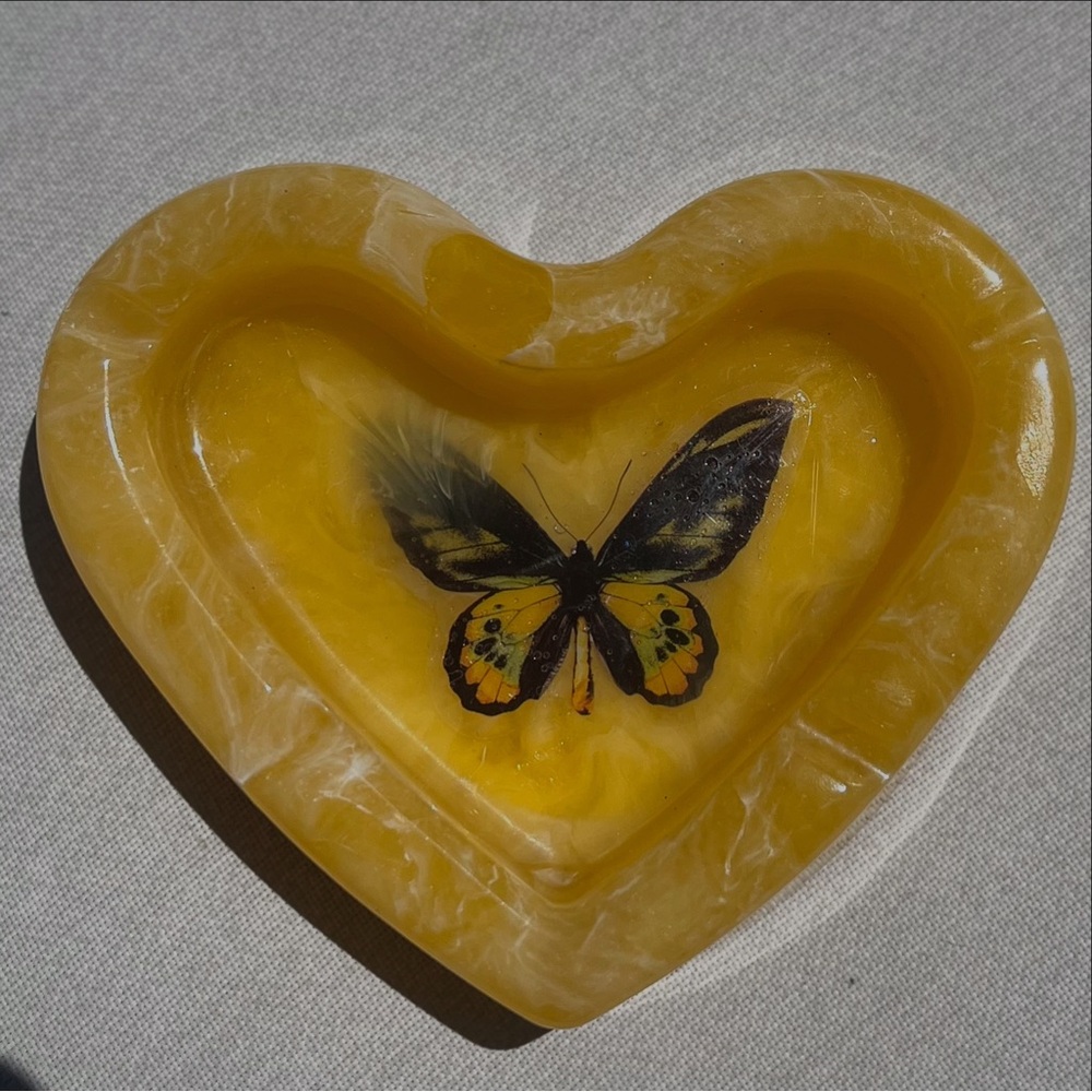 Yellow Heart-Shaped Butterfly resin/epoxy ashtray